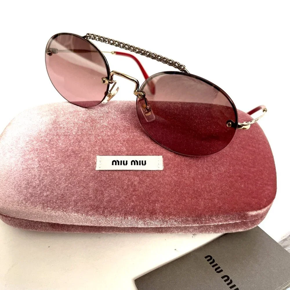 MIU MIU MU 60TS Evolution Rimless Round Sunglasses Pink Rhinestone Case Italy